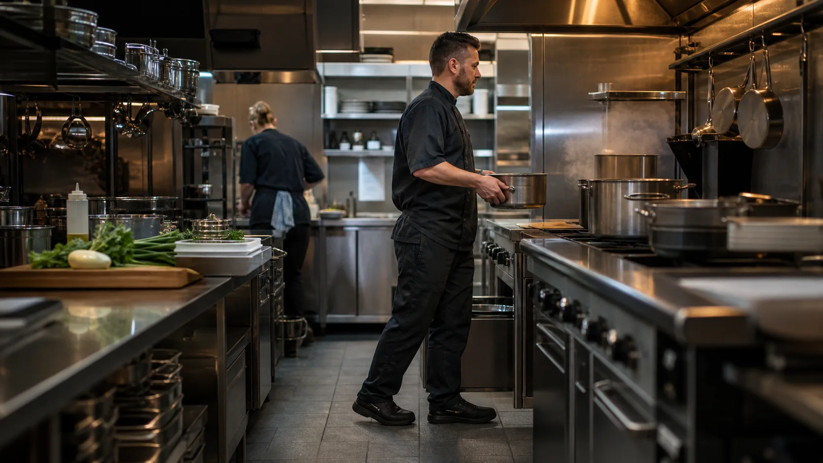 Kok arbejder sikkert med en stor gryde i et professionelt skandinavisk restaurantkøkken