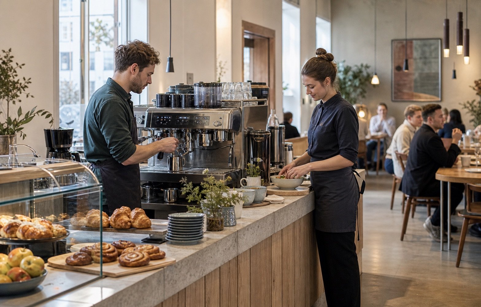 Medarbejdere arbejder effektivt bag baren i en moderne skandinavisk café