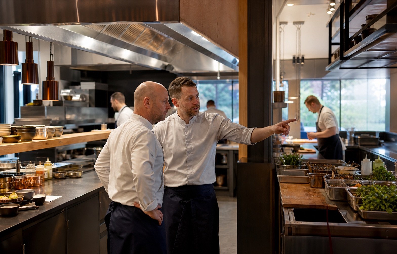 Restaurantkonsulent og køkkenchef gennemgår arbejdsgange i et moderne restaurantkøkken