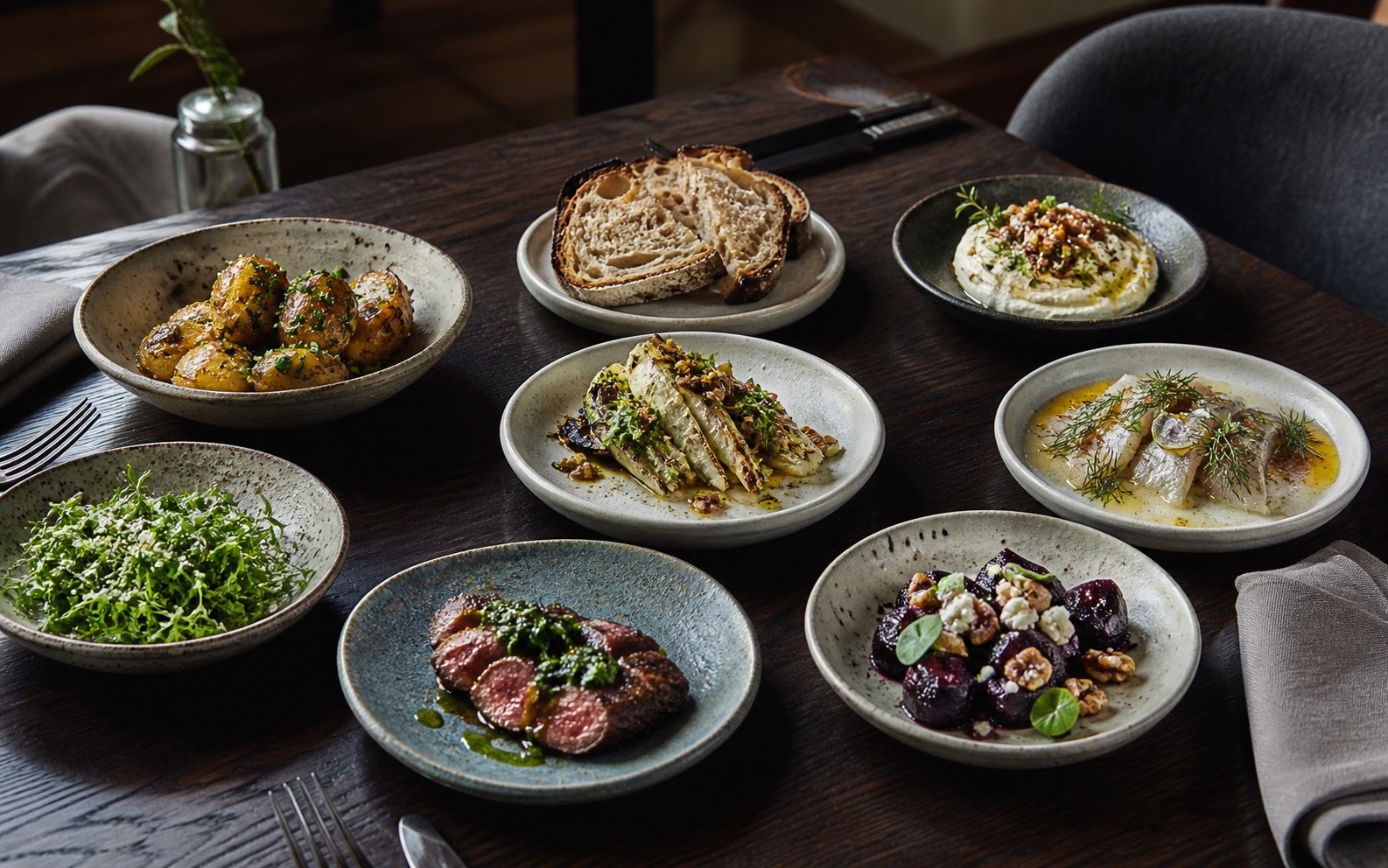 Små, selvstændige anretninger serveret på hver sin tallerken i et moderne restaurantkoncept